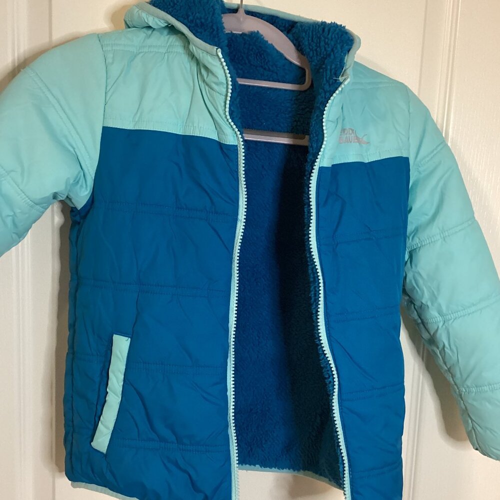 Eddie Bauer Kids Reversible Blue Hooded Puffer Coat Sherpa Lined Jacket S/P 6